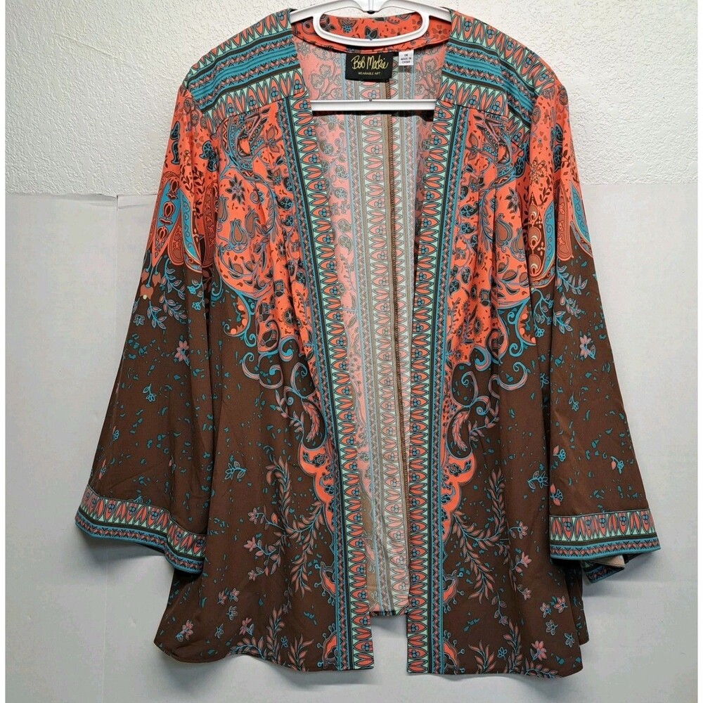 Bob Mackie Wearable Art Paisley Open Front Cardigan Boho Kimono Women's 1X